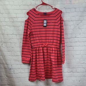 NWT Tommy Hilfiger Girls XL (16) Paradise Pink Striped Cold Shoulder Terry Dress